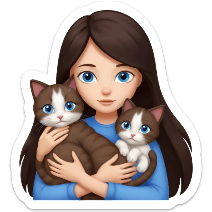 a girl with long dark 
brown hair, with blue eyes, hugs 3 different natural coloured cats sticker