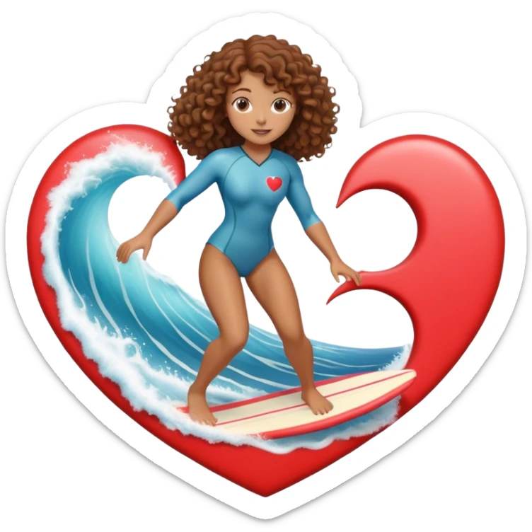 Woman with brown curly hair surfing wave in 3d heart sticker