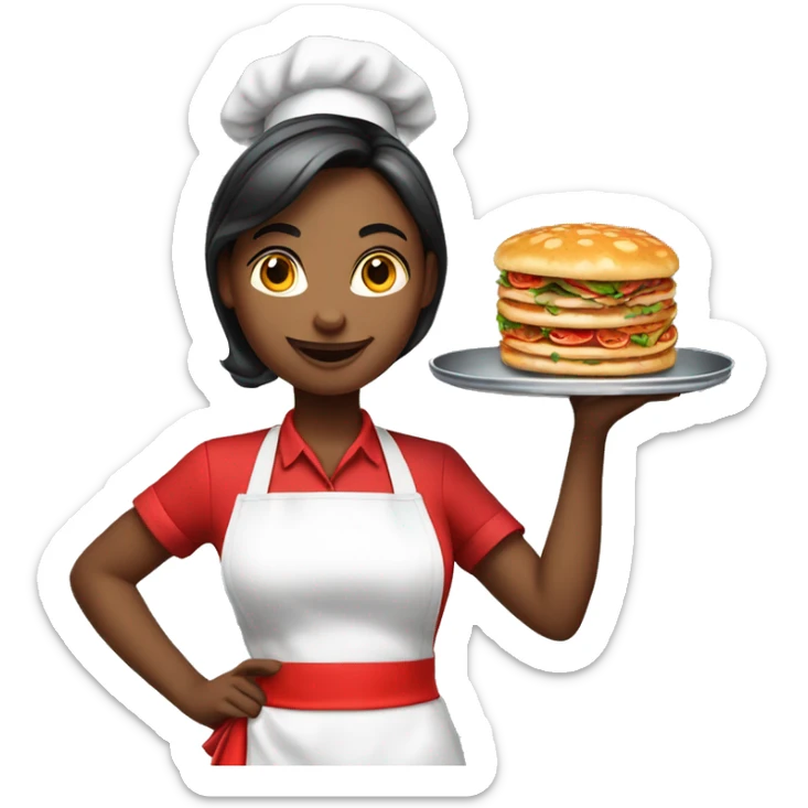beautiful waitress in a red apron with a tray with food in a hand sticker