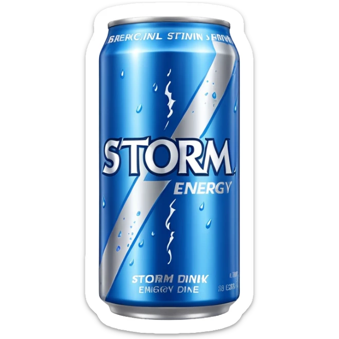 A soda named storm energy drink and by hraj a storm brand sticker