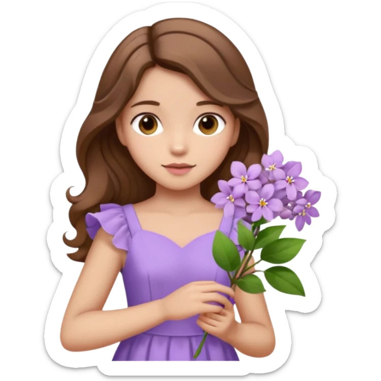 Menina parda/branca de cabelo ondulado castanho partido de lado com uma flor lilás e vestido lilás sticker
