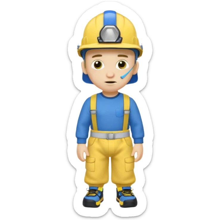 a character with a blue helmet,a pencil up his nose,a yellow shirt what says jeffy,and a nappy/diaper on the outside of hiv navy pants and black shoes sticker