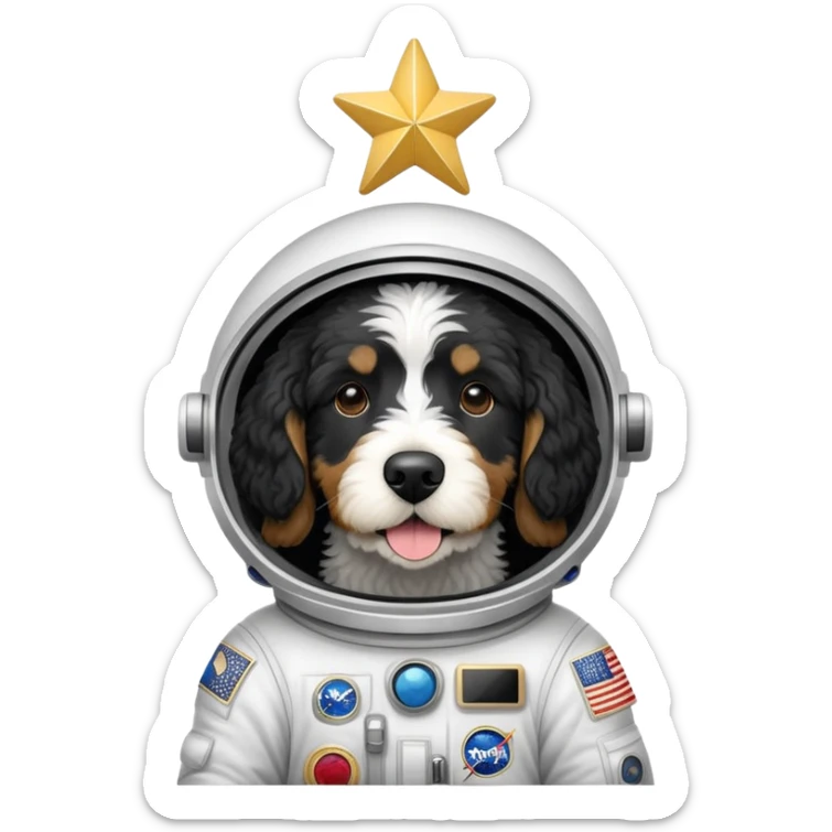 a black and white parti bernedoodle dog, with no brown fur) that is an astronaut giving a gold star sticker