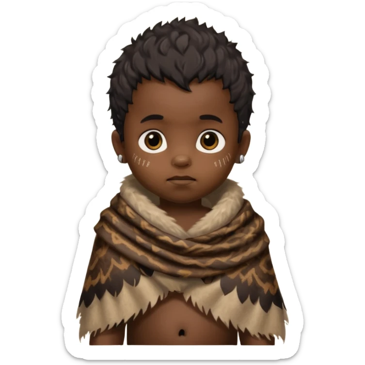 ancient hairy black baby tatooed boy, tattered animal skin shawl sticker