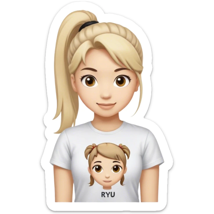 Beautiful girl smilling with big eyes, ponytail and "ryu" written on tshirt sticker