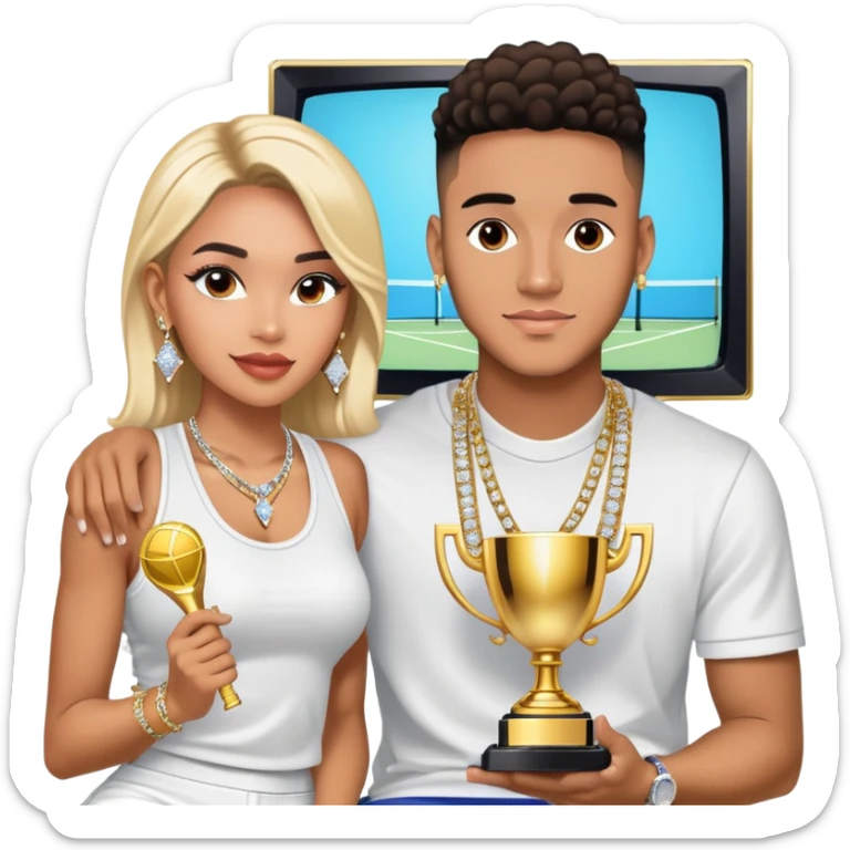 Breaking news Internet celebrity Josh King Madrid jetset wearing shiny diamond earrings and sparkly iced out diamond tennis necklace chains with Instagram model girl tefi valenzuela sitting with him holding gold internet celebrity trophy on tv show in Miami sticker