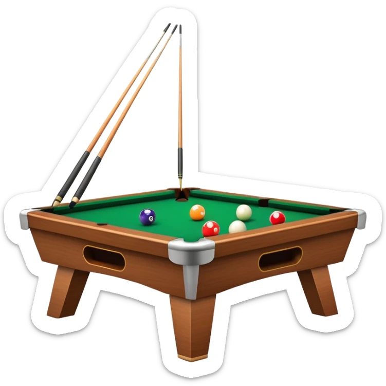 A close-up of a billiard table with a cue stick lined up to strike a colorful set of balls. The focus is on the precision of the shot, with the table’s green surface and the triangular arrangement of balls, creating a dynamic scene of strategy and concentration in the game of billiards. sticker