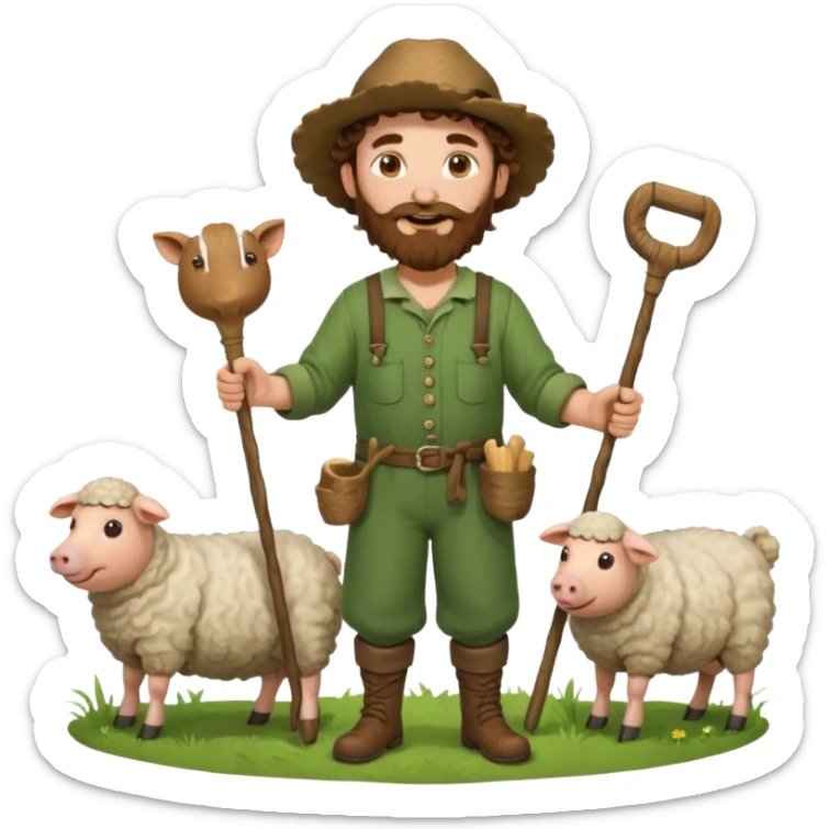 happy shepard with long curly brown beard and long curly brown hair, in green village outfit, with wooden shepard stick in hands, taking care of sheep and pigs sticker