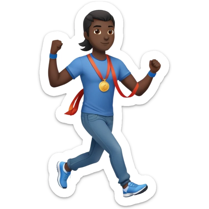 friendly anthropomorphised black stallion in jeans and a t-shirt, jogging upright in standard pose, holding a medal sticker