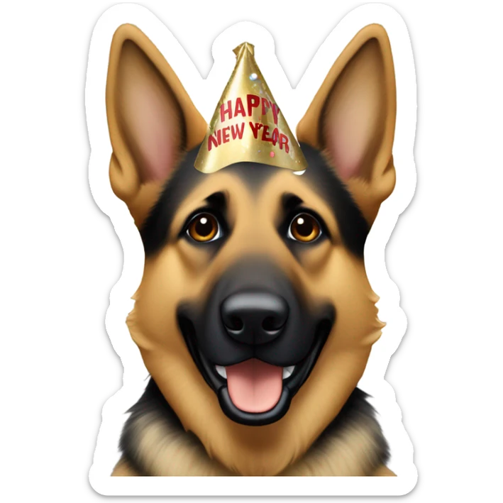 Blonde and brown German shepherd holding a sign that says “Happy New Year” sticker