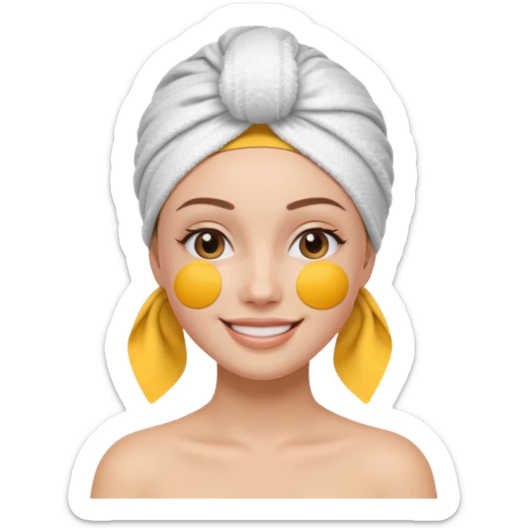 3D emoji style woman with towel head wrap, under-eye patches, smiling softly, clean girl skincare aesthetic, soft studio lighting, smooth skin texture, minimalist beige background, high resolution, PNG sticker