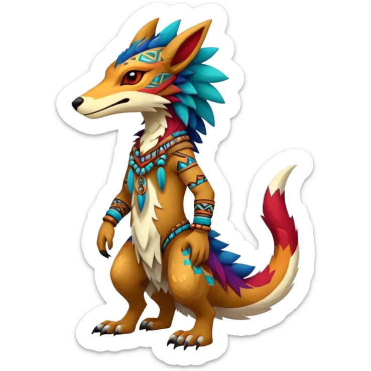 a colorful edgy cute vernid-sergal-fionbri-creature with tribal patterns full body sticker