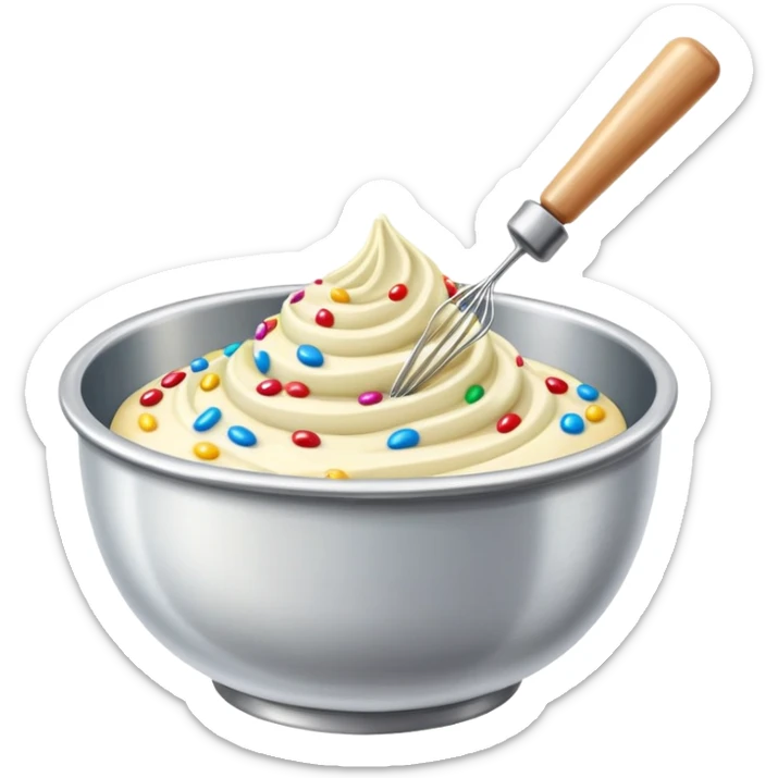 bowl of sprinkle cake batter being swirled out the bowl by a whisk sticker