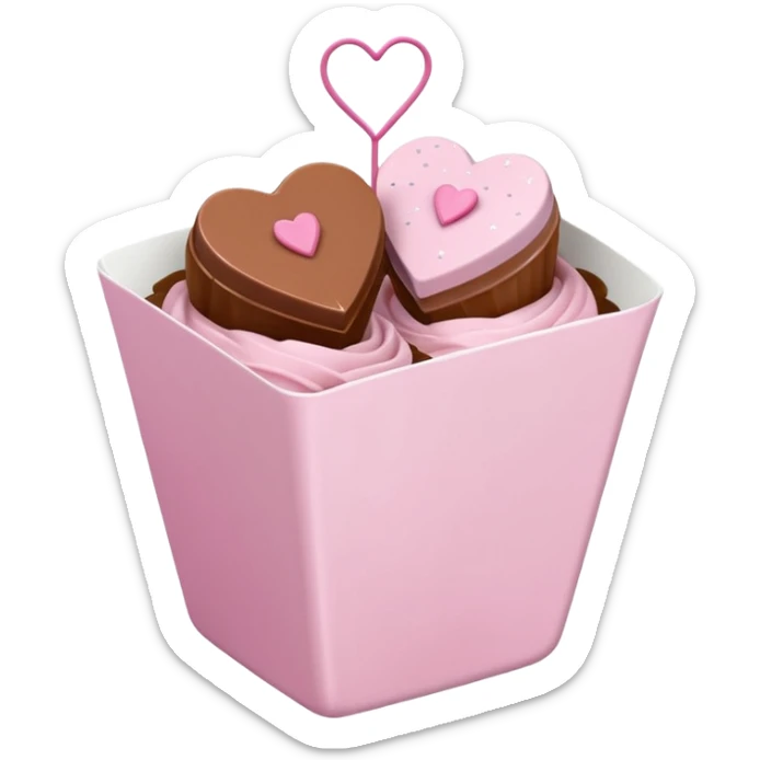 Two glossy square milk chocolate pralines placed diagonally, each in a white ridged paper cup, topped with a soft pastel pink heart icing with subtle sugar sparkle.
Cute minimal emoji-style, realistic and polished, clean studio lighting, pure white background, smooth 3D render, high resolution. sticker