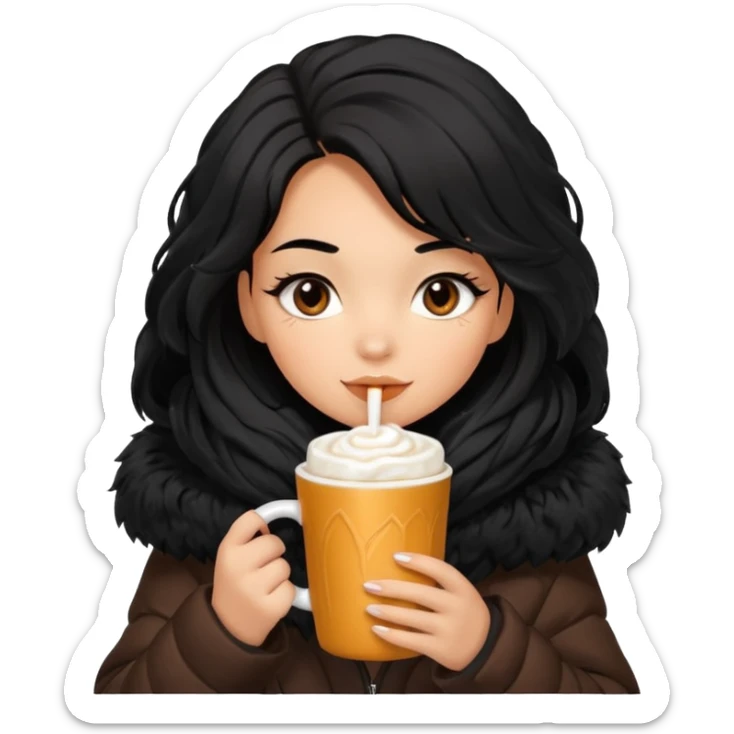 Tanned Girl with lashes , black hair, in an extremely big fluffy oversized jacket, and drinking hot chocolate drink sticker