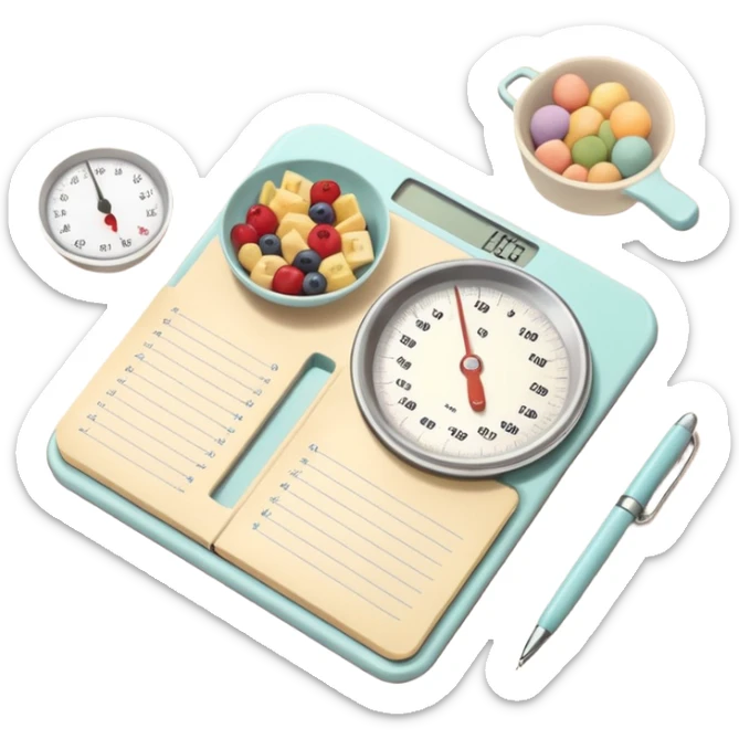Minimalistic scene of a kitchen scale, notebook, pen, and neatly arranged food portions, soft pastel colors, cozy atmosphere, calm and meticulous mood, top-down view, subtle shadows, digital art sticker