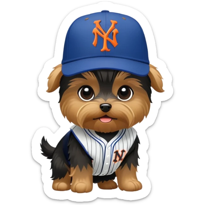 Yorkie with a NYY hat fighting an ugly slosh with a New York Mets hat sticker