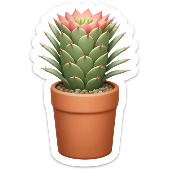 A ceramic pot in a pastel terracotta color, shaped like a cylinder, the pot is tall and contains an Acanthocalycium Glaucum cactus plant. sticker