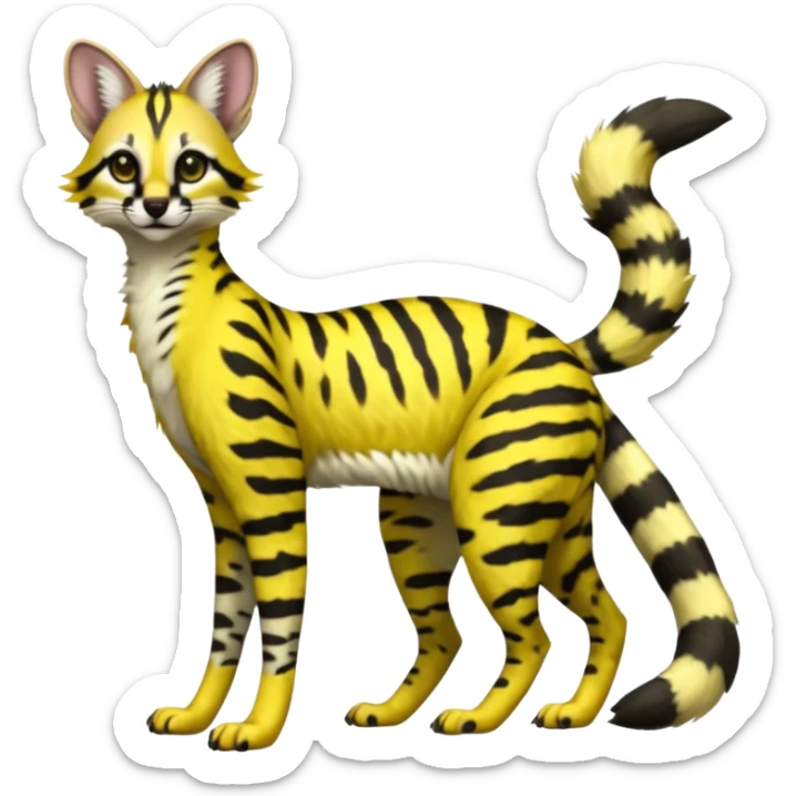 Lanky slender beautiful elegant spotted hype-realistic, black-maned, vibrant yellow Genet-Serval-Sergal-Civet-fusion-hybrid-furry-fursona, full body, with a long puffy fluffy black-and-white-striped tail sticker