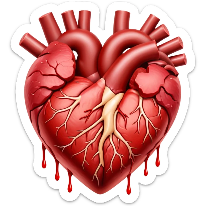 Glowing cuts of red meat and liver surrounding a bright red heart. Red blood cells float around the heart, with energy streams connecting the meat to the blood cells and heart, showing how iron-rich foods power circulation and vitality. sticker