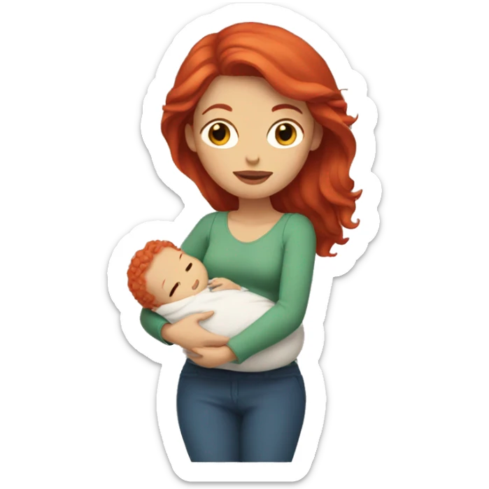 A white woman with red hair and holding a baby sticker