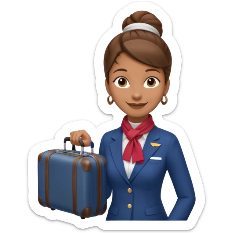 flight attendant, Light Brown skin, brown hair in single bun, neck scarf, suitcase sticker
