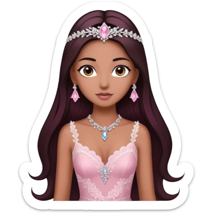 enchantress goddess wearing a embellished shimmering light powder white lace and swarovski pink gown with tanned skin and super long straight dark brown hair sticker