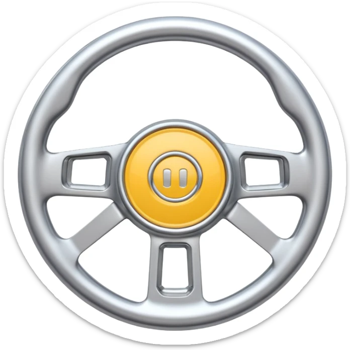 A futuristic steering wheel emoji made of silver chrome, minimal geometric design, smooth metallic surface, soft reflections, iOS emoji style, centered, clean white background sticker