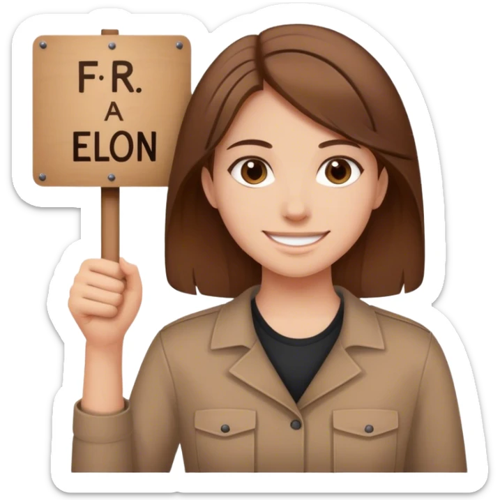 smiling girl with brown hair with a protest sign F-Elon sticker