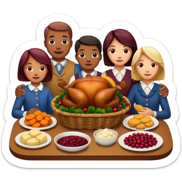 Thanksgiving Dinner with 10 people of different skin color around the table; have the food be a cooked turkey, mashed potatoes, corn, a basket of biscuits, a small bowl of cranberry sauce, baked yams, steamed vegetables, and a bottle of wine. sticker