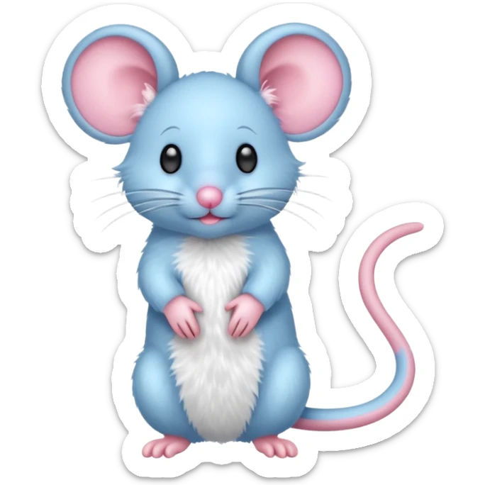 A small, light blue, fuzzy toy mouse with pink ears and a pink nose sticker
