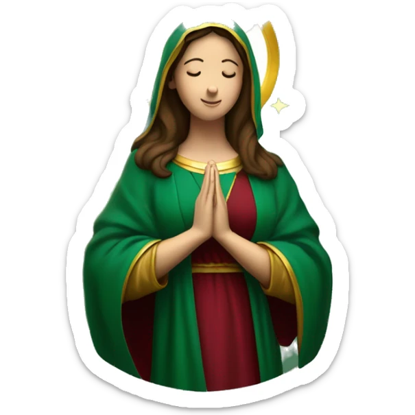 Virgin Mary: kind face looking down at the left, long brown hair, Wearing an emerald green  robe with gold stars and a burgundy red dress,  Hands in prayer or blessing. Halo around her head. standing on a crescent moon.  sticker
