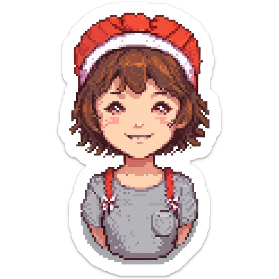 girl with short brown hair and a red headband, pixel art style, smiling sticker