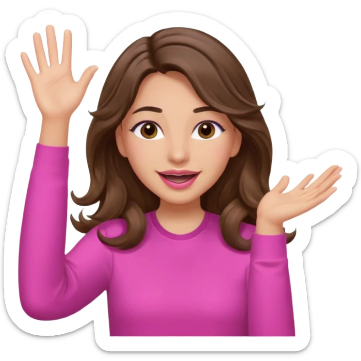 girl with long wavy brown hair, brown eyes, light to medium complexion, in a pink shirt, pink lips, long lashes, puckered lips, both hands in the air cheering sticker