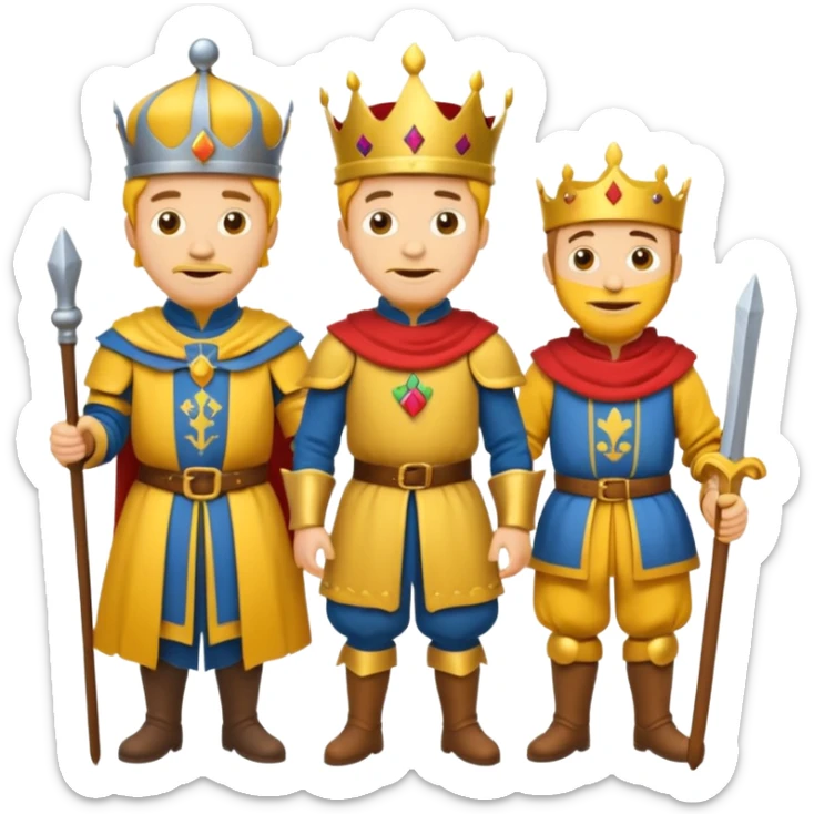 fait moi un Roi 1 Connétable un Chevalier un paysan et un Bouffon avec le style graphique cartoon et personnage jaune sticker