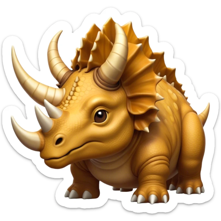 Cinematic Noble Triceratops Portrait Emoji, Poised and formidable, with a robust, stocky build adorned by three prominent horns and a broad, intricately frilled head, exuding ancient strength and wisdom, Simplified yet sharply defined features, highly detailed, glowing with a soft, earthy radiance, high shine, intelligent and stalwart, stylized with an air of prehistoric majesty, focused and resolute, soft glowing outline, capturing the essence of a watchful and confident Triceratops that appears ready to charge out of the screen with effortless power! sticker