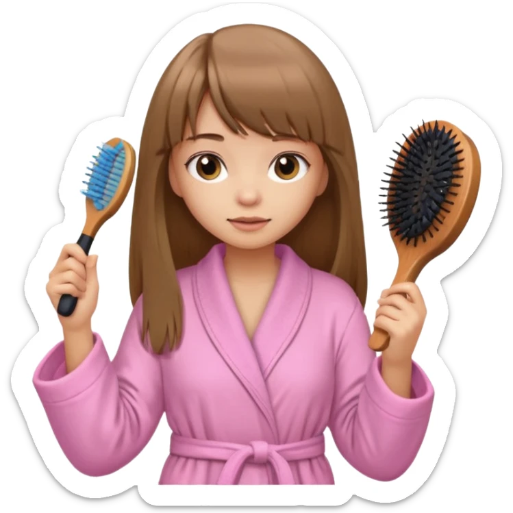 a girl with light skin and medium brown long hair with bangs who is brushing her hair with a hairbrush and she is wearing a light pink bathrobe sticker