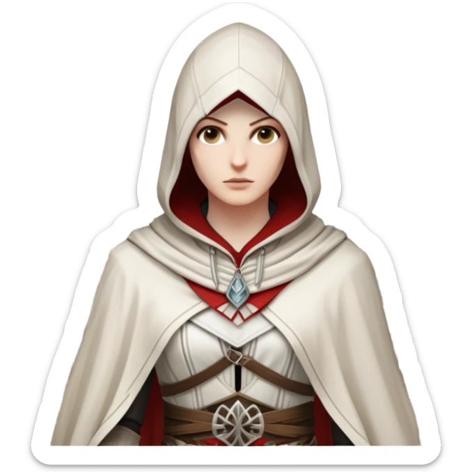icon featuring Assasin's Creed in an iconic assassin's hood, standing tall. Florence is on background. The design captures the essence of adventure, with intricate details of historical architecture and a sense of mystery. The character is poised, ready for action. transparent background. sticker