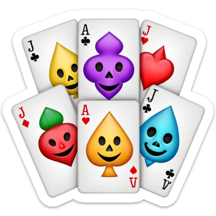 bunch of 3 poker cards, with crazy colorful jolly jokers inside, inversed face sticker