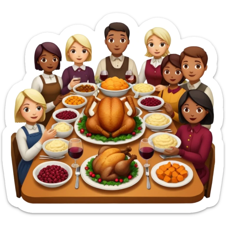 Thanksgiving Dinner with 10 people of different skin color around the table; have the food be a cooked turkey, mashed potatoes, corn, a basket of biscuits, a small bowl of cranberry sauce, baked yams, steamed vegetables, and a bottle of wine. sticker