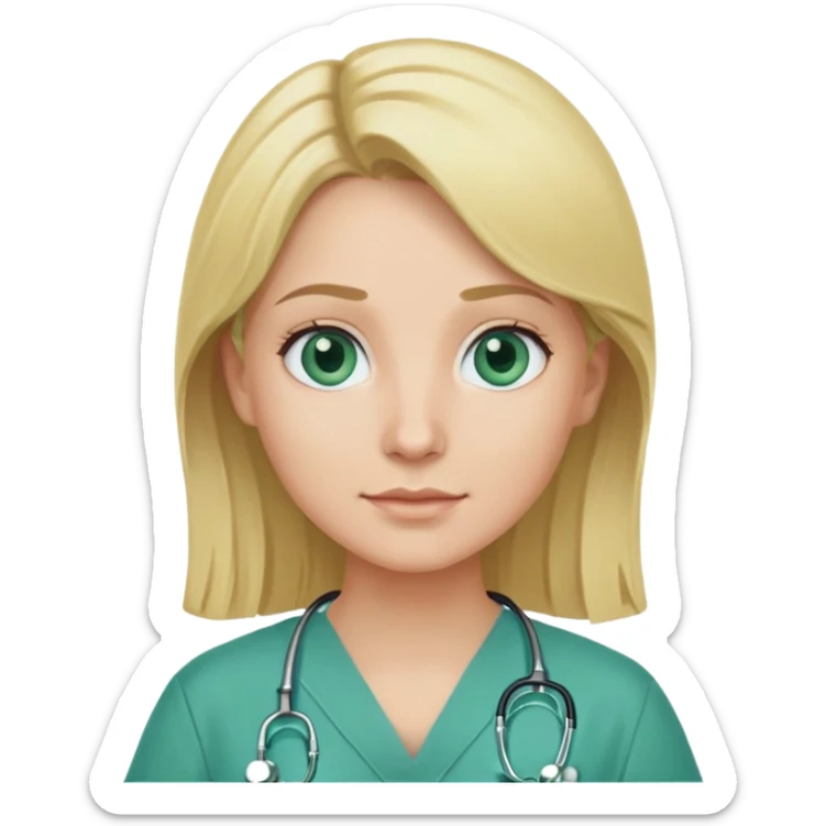 a doctor with green scrubs, blonde hair middle part, blue eyes sticker