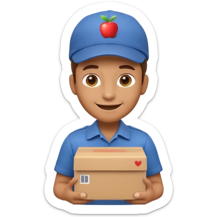 3D Apple-style emoji of a delivery worker holding a cardboard package. Wearing a cap and uniform shirt, smiling expression. Rounded, glossy, smooth, soft shadows, white background.




 sticker