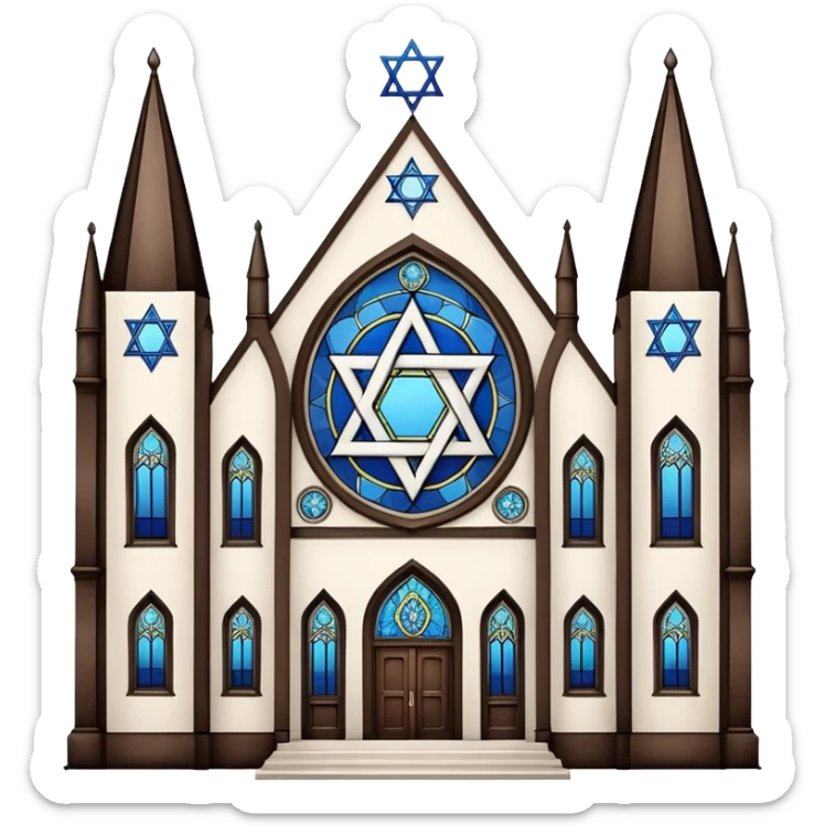 reform jewish synagogue similar in architecture to historical religious architecture in europe. the building should be white in color, featuring gothic architectural elements and star of david. avoid christian symbols. the emoji should be in ios emoji style. sticker
