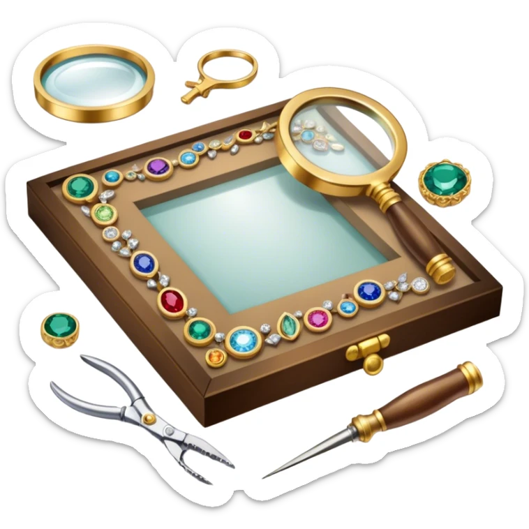 Create an icon that represents the art of jewelry making. The design should include a jeweler's workbench, tools like pliers, a magnifying glass, and various precious materials such as gemstones, gold, and silver. Feature a partially crafted piece of jewelry, like a ring or necklace, showcasing intricate details and craftsmanship. The composition should evoke elegance and precision, reflecting the skill and artistry of jewelry making. The background should be transparent. sticker