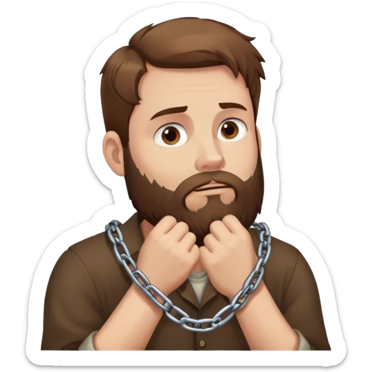 White man with brown hair and beard with anxiety and begging. holding a chain in his hands. profile view sticker