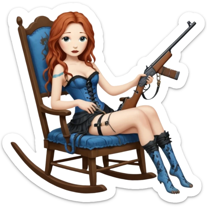 realistic cinematic Tori Amos sits on a rocking chair in a torn corset, holding an antique rifle and her bare feet are muddy. A blue snake is wrapped around the chair. sticker