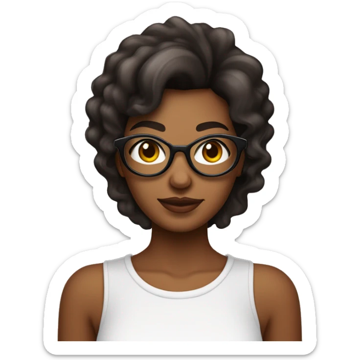 mulher jovem negra com cabelo liso até um pouco abaixo do ombro com mechas marrons e com óculos de formato arredondado. olhos escuros com extensão de cílios, nariz um pouco redondo e blusa vermelha.  sticker
