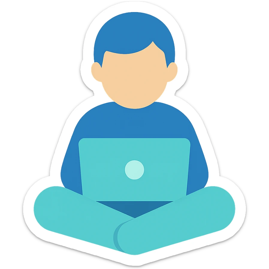 Person sitting with a laptop, flat emoji style, outline with blue and turquoise colors sticker