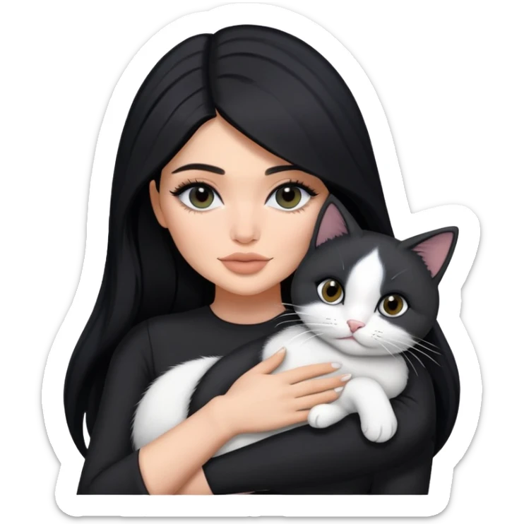 Kylie Jenner long hair with black dress hug one grey white cat sticker
