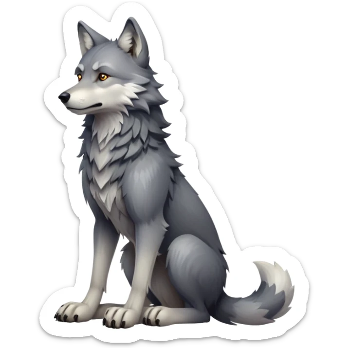 cinematic-[wolf]-realistic-full-body-sitting-emoji,-tail-resting-loosely-beside-its-paws,-head-tilted-dramatically, -scruffy-[grey]-fur,-simplified-yet-realistic-focused-features,-highly-detailed,-glowing-with-an-almost-sarcastic-glow sticker